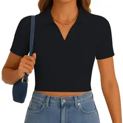 GENERICO - Polo Mujer Camisero Manga Corta New 710-13 Rib Grueso Color Negro