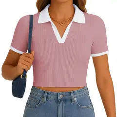 GENERICO - Polo Mujer Camisero Bicolor Manga Corta Rib Grueso New 710-13 Color Api