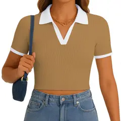 GENERICO - Polo Mujer Camisero Bicolor Manga Corta Rib Grueso New 710-13 Color Caramelo