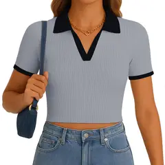 GENERICO - Polo Mujer Camisero Bicolor Manga Corta Rib Grueso New 710-13 Color Gris