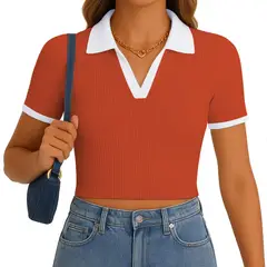 GENERICO - Polo Mujer Camisero Bicolor Manga Corta Rib Grueso New 710-13 Color Ladrillo