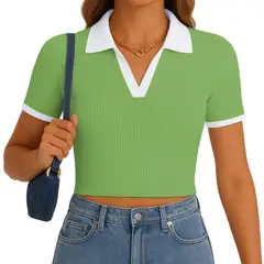 GENERICO - Polo Mujer Camisero Bicolor Manga Corta Rib Grueso New 710-13 Color Olivo