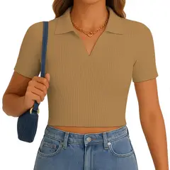 GENERICO - Polo Mujer Camisero Manga Corta New 710-13 Rib Grueso Color Toffy