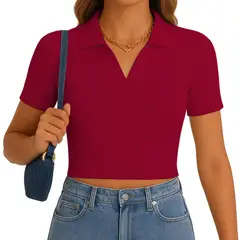 GENERICO - Polo Mujer Camisero Manga Corta New 710-13 Rib Grueso Color Vino