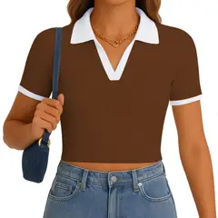 GENERICO - Polo Mujer Camisero Bicolor Manga Corta Rib Grueso New 710-13 Color Marron