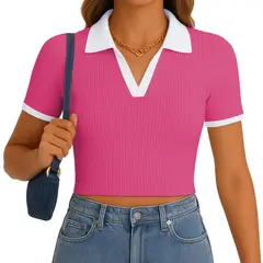 GENERICO - Polo Mujer Camisero Bicolor Manga Corta Rib Grueso New 710-13 Color Rosado