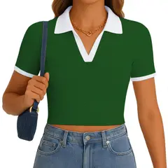 GENERICO - Polo Mujer Camisero Bicolor Manga Corta Rib Grueso New 710-13 Color Verde