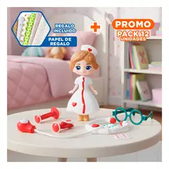 GENERICO - Pack12 Juguete de Doctora 7 Piezas con Muñequita Divertido para Niñas Rojo Y+Papel Regalo