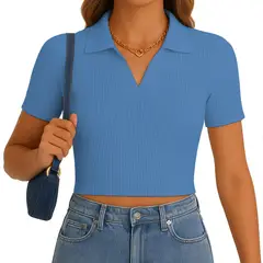 GENERICO - Polo Mujer Camisero Manga Corta New 710-13 Rib Grueso Color Acero