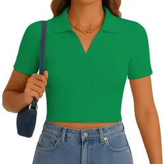 GENERICO - Polo Mujer Camisero Manga Corta New 710-13 Rib Grueso Color Verde