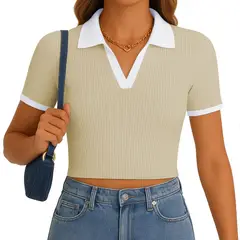 GENERICO - Polo Mujer Camisero Bicolor Manga Corta Rib Grueso New 710-13 Color Hueso