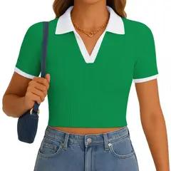 GENERICO - Polo Mujer Camisero Bicolor Manga Corta Rib Grueso New 710-13 Color