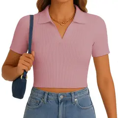 GENERICO - Polo Mujer Camisero Manga Corta New 710-13 Rib Grueso Color Rosa