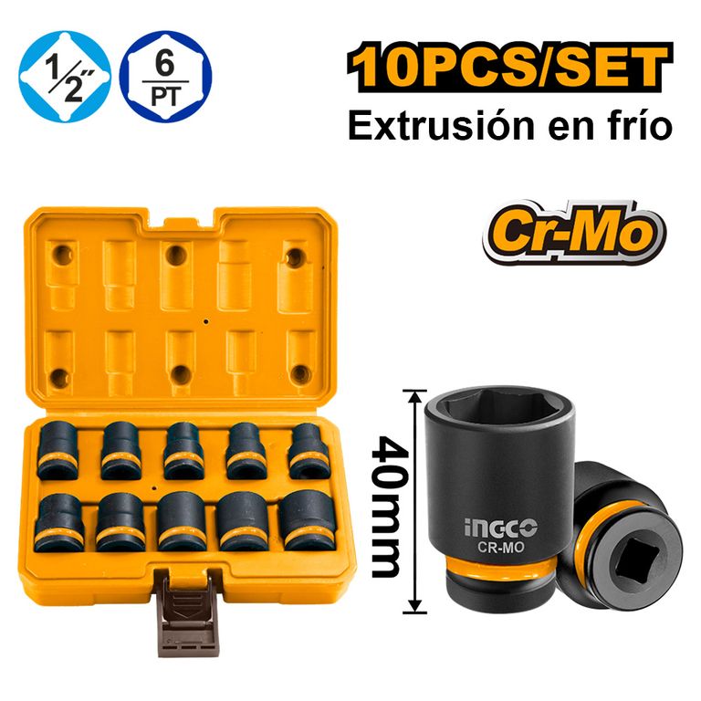 SET 10 DADOS DE IMPACTO INGCO 1/2" DE 10 A 24MM HKISSD12101