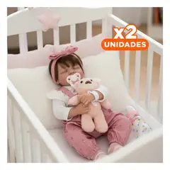 GENERICO - Pack2 Muñeca Realista Niña 48cm con Vincha de Lazo y Pantalon Floral Rosado Y+Regalo Sticker