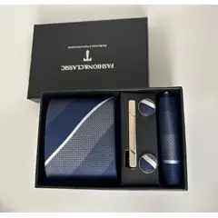 GENERICO - SET CORBATA PISA CORBATA GEMELOS Y PAÑUELO AZUL FRANJAS