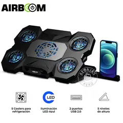 AIRBOOM - Base Cooler Supreme 5 para Notebook 9" a 17" con LED Azul
