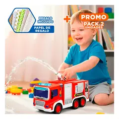 GENERICO - Pack2 Camioneta de Bomberos con Efectos Luminosos y Agua Rojo Y+Papel Regalo