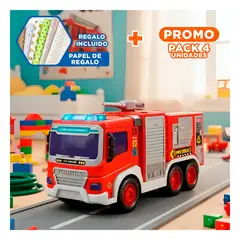 GENERICO - Pack4 Maquina de Bomberos con Efectos Realistas para Ninos Rojo Y+Papel Regalo