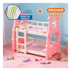 GENERICO - Pack2 Cama litera para Muñeca con Escalera y Colchones Estampados Rosado Y+Papel Regalo