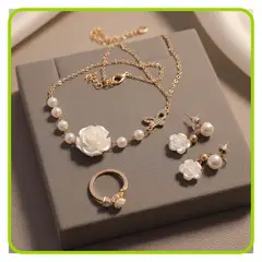 GENERICO - Set Aretes Collar Anillo Rosas con Perlas Blancas y Dorado 3 en 1