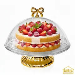 GENERICO - Porta Torta Acrílico de 30cm con Tapa Elegante y Pedestal Dorado - Plato de Torta con Tapa Grande