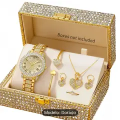 KAST PE - Set de Reloj Pulsera Aretes Collar y Anillo Lunelle Dorado
