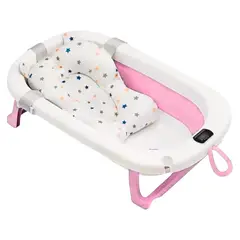 GENERICO - Bañera Tina Plegable con Termómetro y Cojín Acolchado Rosa