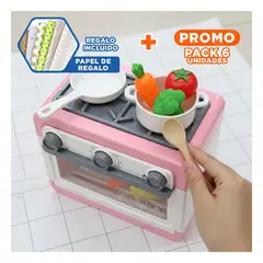 GENERICO - Pack6 Estufa Completa Rosada con Horno Oven y Ollas para Ninos Y+Papel Regalo