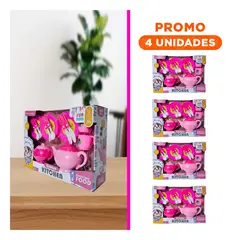 GENERICO - Pack4 Juego de Te para Ninas con Platos Tazas y Utensilios de Cocina Rosado