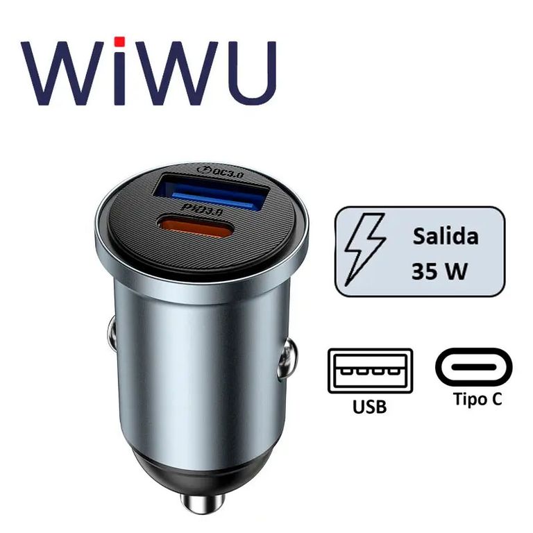 CARGADOR AUTO WI-CC030 NANO LITE 35W 1USB+2TIPO-C