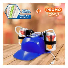 GENERICO - Pack6 Gorra Azul para Fiestas con Dispensador de Latas y Sistema de Succion Y+Papel Regalo