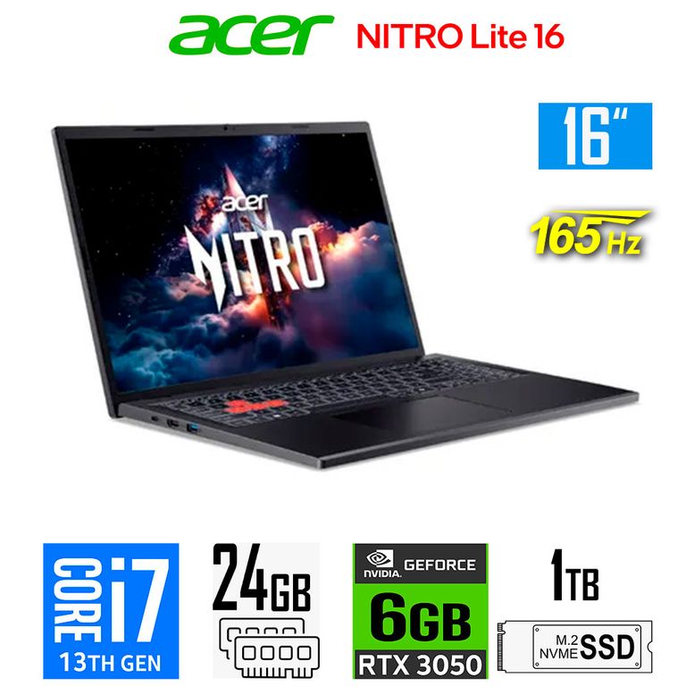 Laptop Nitro Lite 16 NL16 Core i7-13620H Nvidia 6GB RTX3050 24GB RAM 1TB SSD 16″ WUXGA 165Hz