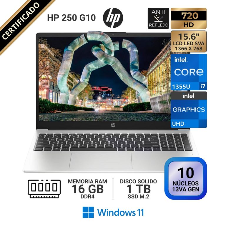 Laptop 250 G10, 15.6" LCD LED HD SVA, Core i7 1355U 13va GEN, RAM 16GB, SSD 1 TB, Windows 11 Pro