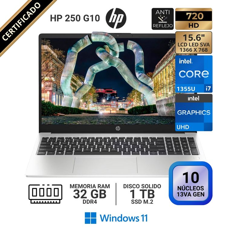 Laptop 250 G10, 15.6" LCD LED HD SVA, Core i7 1355U 13va GEN, RAM 32GB, SSD 1 TB, Windows 11 Pro