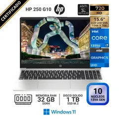 HP - Laptop 250 G10, 15.6" LCD LED HD SVA, Core i7 1355U 13va GEN, RAM 32GB, SSD 1 TB, Windows 11 Pro