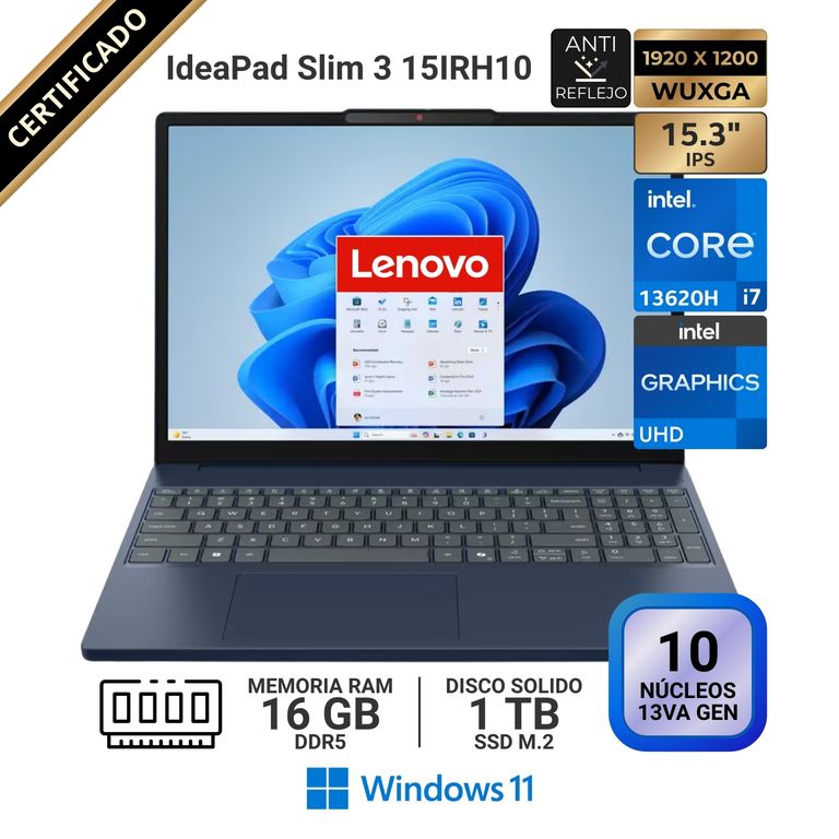 Laptop IdeaPad Slim 3 15IRH10, 15.3" WUXGA IPS, Core i7 13620H, RAM 16GB, SSD 1 TB, Win 11