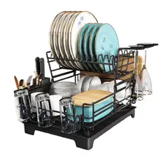 GENERICO - Escurridor Metálico de 2 Niveles Color Negro Grande para Cocina, con Bandeja de Agua