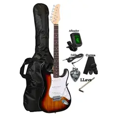 GENERICO - Guitarra Eléctrica Sunburst con Afinador Correa Funda Cable Púa LLaves