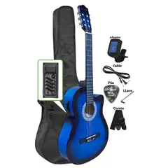 GENERICO - Guitarra Electroacustica Azul 39″ nylon con Funda Afinador y Accesorios