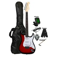 GENERICO - Guitarra Eléctrica Rojo con Afinador Correa Funda Cable Púa LLaves