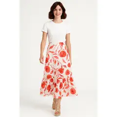 MARWAL - Falda Carrie , by , Color Hueso / Flores Rojas , Cintura Espalda Elasticada.