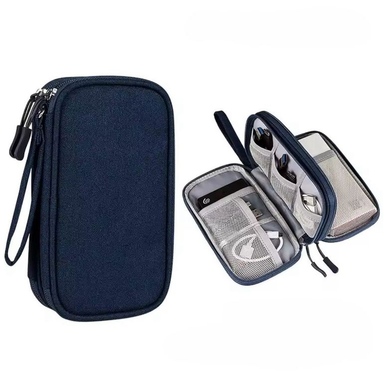 Estuche Organizador Porta Cable Cargador Mediano Doble Capa Azul