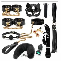 GENERICO - KIT SADO BONDAGE DE LUJO – NEGRO CON DORADO – 12 PIECES