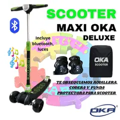 OKA - SCOOTER MAXI DELUXE CON LUCES Y BLUETOOTH VERDE + OBSEQUIO RODILLERA CODERA Y BOLSA DE TRANSPORTE PARA SCOOTER