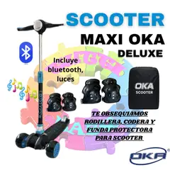 OKA - SCOOTER MAXI DELUXE CON LUCES Y BLUETOOTH CELESTE + OBSEQUIO RODILLERAS CODERAS Y BOLSA DE TRANSPORTE PARA SCOOTER