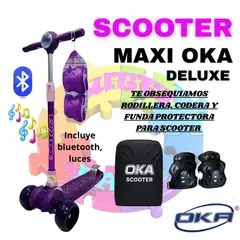 OKA - SCOOTER MAXI DELUXE CON LUCES Y BLUETOOTH LILA + OBSEQUIO RODILLERA CODERA Y BOLSA DE TRANSPORTE PARA SCOOTER