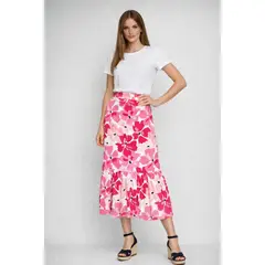 MARWAL - Falda Paola , by , Color Fuccia / Flores fuccias , Cintura Espalda Elasticada.