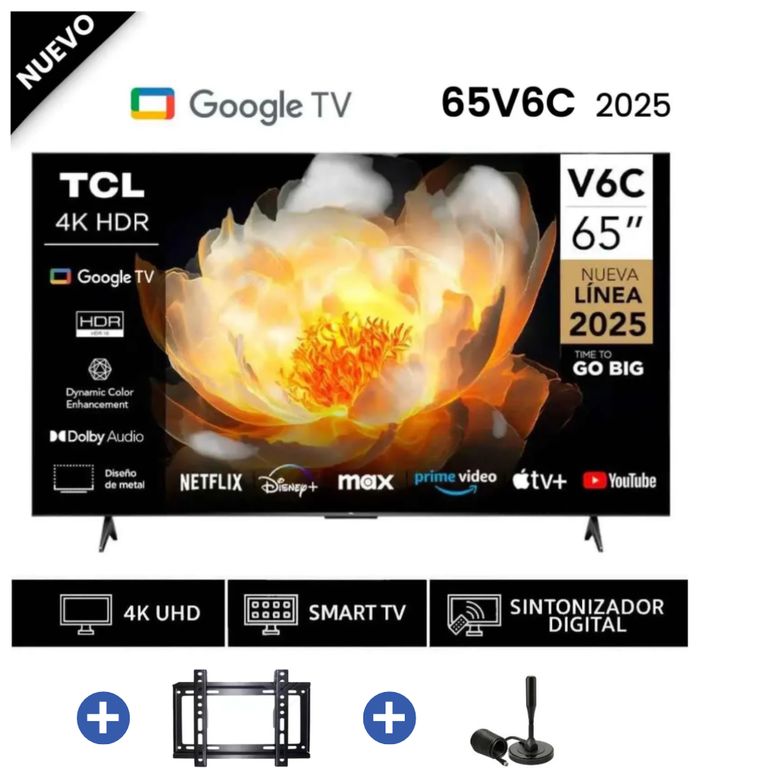 Televisor LED 65 UHD 4K Smart TV 65V6C + Antena Digital + RackFijo