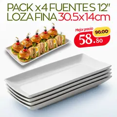 GENERICO - Plato Rectangular Blanco de Loza Fina 12 pulgadas 30cm Largo PACK x4 - Fuente Rectangular